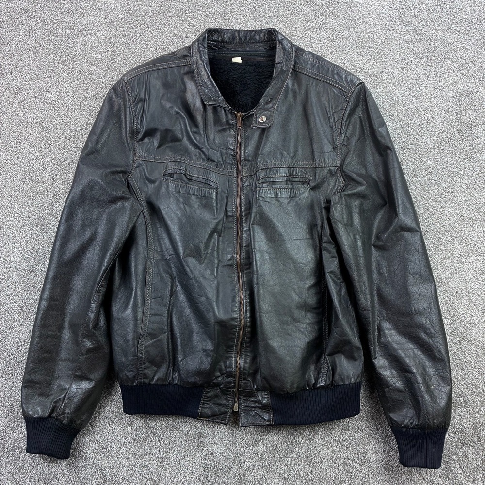 Vintage Jean Pierre Leather Jacket Mens 48 Black Cafe Racer Faux Fur Lining